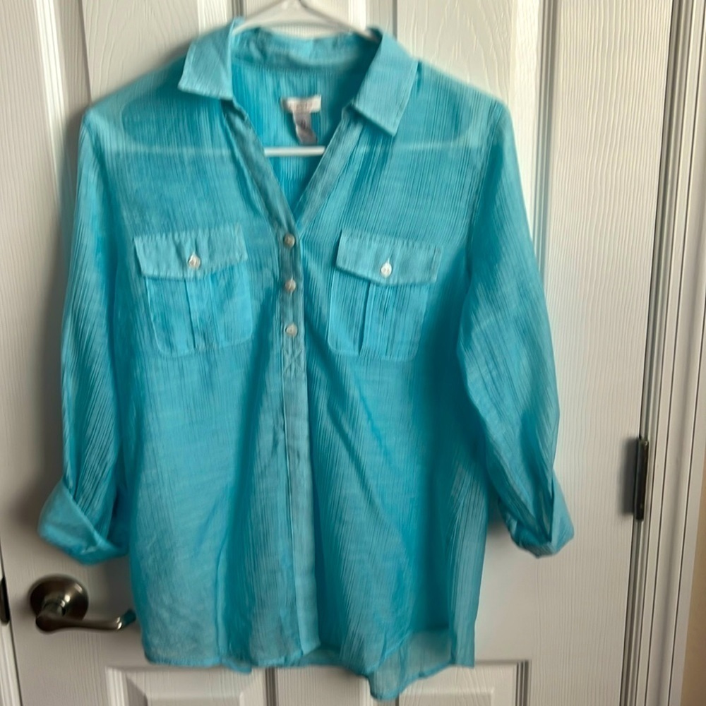 Chico's‎ Womens Shirt Button Down Roll Sleeve Aqua Blue Pockets Top Size 0 Small